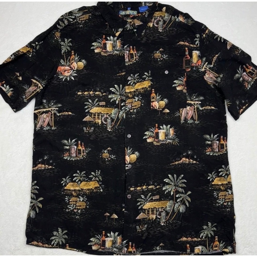 Campia Moda Mens XL Hawaiian Shirt Black Tiki Hut Surf Beer Rayon‎ Short Sleeve
